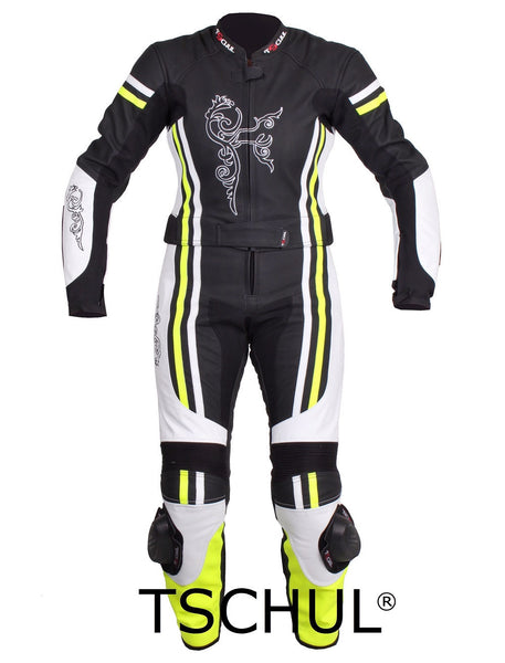 (0554) zweiteilige Damen Motorrad-LederKombi "Black-White-Fluorescent"