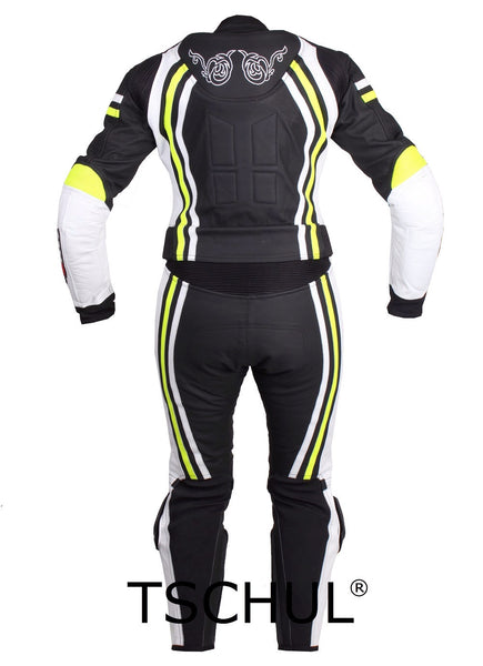 (0554) zweiteilige Damen Motorrad-LederKombi "Black-White-Fluorescent"