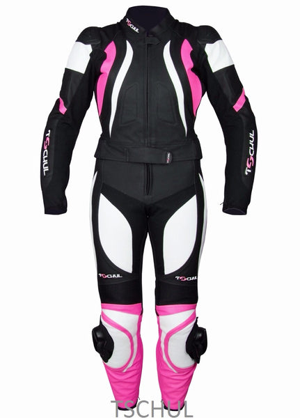 (0546) zweiteilige Damen Motorrad-LederKombi "Black-White-Pink"