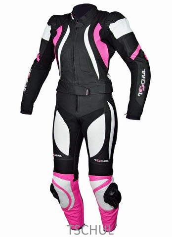 (0546) zweiteilige Damen Motorrad-LederKombi "Black-White-Pink"