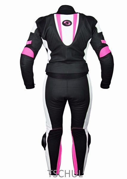 (0546) zweiteilige Damen Motorrad-LederKombi "Black-White-Pink"