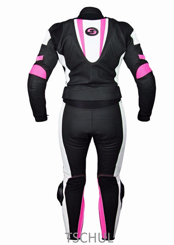 (0546) zweiteilige Damen Motorrad-LederKombi "Black-White-Pink"