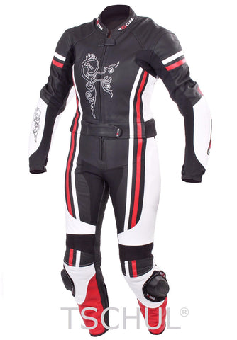 (0554) zweiteilige Damen Motorrad-LederKombi "Black-White-Red"