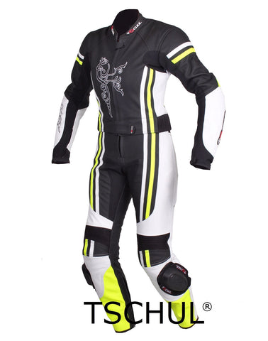 (0554) zweiteilige Damen Motorrad-LederKombi "Black-White-Fluorescent"