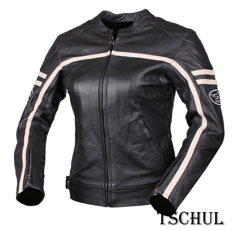 (0635) DAMEN MOTORRAD-LEDERJACKE *VINTAGE-LOOK* BLACK/BEIGE