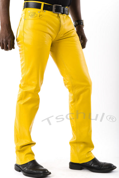 (411) Exklusive Herren-Lederhose in *GELB* Aniline-Leder