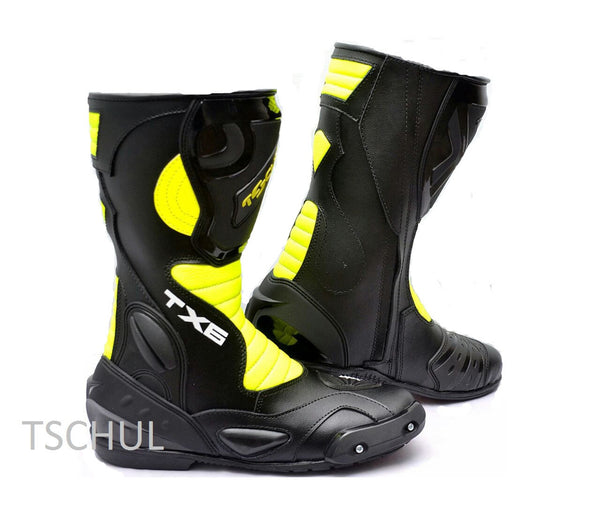 *TX6* Tschul Motorrad Sportstiefel aus Leder ''BLACK-FLUORESCENT''