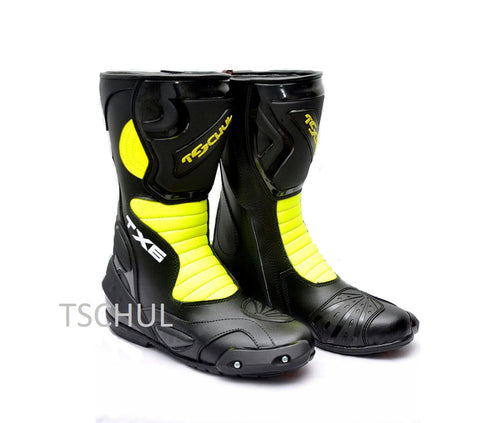 *TX6* Tschul Motorrad Sportstiefel aus Leder ''BLACK-FLUORESCENT''